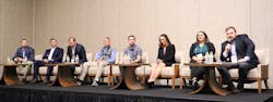 Left to right: T.C. Energy&rsquo;s Matt LaBorde, Enterprise Products&rsquo; Carter Deutsch, Moda Midstream&rsquo;s Paul Ramsey, Sprague&rsquo;s Cameron Eisenhaur, Kinder Morgan&rsquo;s Gabriel Lopez, Burns &amp; McDonnell&rsquo;s Caitlin Geisinger, IMTT&rsquo;s Melanie Landry, and Sprague&rsquo;s Chris O&rsquo;Neil, who served as moderator for their panel discussion during the International Liquid Terminals Association&rsquo;s 2022 International Operating Conference in Houston.