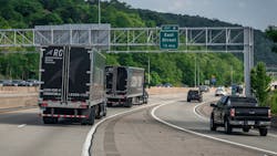 Under the ARC system, a driver operates the lead truck of a two-truck convoy, while the second vehicle follows autonomously. Under the ARC system, a driver operates the lead truck of a two-truck convoy, while the second vehicle follows autonomously.