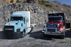 The Mack Anthem highway truck (left) and a Mack Granite dump truck (right). Command Steer is available for the Anthem, as well as for the Granite in axle back models.