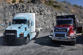 The Mack Anthem highway truck (left) and a Mack Granite dump truck (right). Command Steer is available for the Anthem, as well as for the Granite in axle back models.