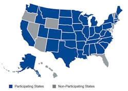 The states shaded in blue collect UCR fees from motor carriers, brokers, freight forwarders, and leasing companies. But all interstate businesses, even those in states that do not participate, are subject to UCR.
