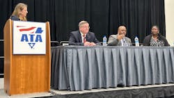 From left, FMCSA administrator Robin Hutcheson; Jack Van Steenberg, FMCSA&rsquo;s executive director and chief safety officer; Earl Adams Jr., chief counsel for FMCSA; and Kala Wright, FMCSA&rsquo;s director of external affairs, address questions and concerns from ATA MCE attendees.
