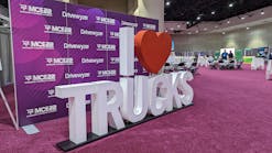 Drivewyze pledged to donate $25 to Trucking Moves America Forward for every selfie taken with this &ldquo;I Heart Trucks&rdquo; display at American Trucking Associations&apos; 2022 Management Conference &amp; Exhibition in San Diego.