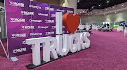 Drivewyze pledged to donate $25 to Trucking Moves America Forward for every selfie taken with this &ldquo;I Heart Trucks&rdquo; display at American Trucking Associations&apos; 2022 Management Conference &amp; Exhibition in San Diego.