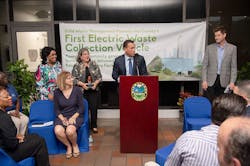 Miami-Dade County executives recently introduced the Mack LR Electric refuse vehicle it purchased. Pictured (from left) is Olga Espinosa-Anderson, Miami-Dade Department of Solid Waste Management (DSWM) assistant director of disposal operations; Gayle Love, DSWM senior division director, public information and outreach division; U.S. Rep. Frederica Wilson; Miami-Dade County Commissioner Eileen Higgins; Miami-Dade County Mayor Daniella Levine Cava; DSWM Director Mike Fernandez; and Darren Jane, Mack Trucks district sales manager. Miami-Dade County executives recently introduced the Mack LR Electric refuse vehicle it purchased. Pictured (from left) is Olga Espinosa-Anderson, Miami-Dade Department of Solid Waste Management (DSWM) assistant director of disposal operations; Gayle Love, DSWM senior division director, public information and outreach division; U.S. Rep. Frederica Wilson; Miami-Dade County Commissioner Eileen Higgins; Miami-Dade County Mayor Daniella Levine Cava; DSWM Director Mike Fernandez; and Darren Jane, Mack Trucks district sales manager.