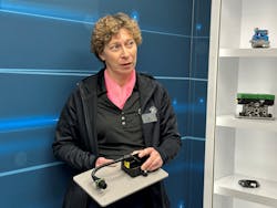 Nicola Zingraf Bolton, head of digital solutions, CVS Americas, ZF, shows off the compact design of ZF's TrailerCast telematics device. Nicola Zingraf Bolton, head of digital solutions, CVS Americas, ZF, shows off the compact design of ZF's TrailerCast telematics device.