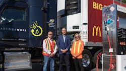 From left to right are Mike Leclair, vice president of major projects and liquified natural gas at FortisBC; Rod Halladay, Western Canada regional VP for McDonald&rsquo;s; and Sarah Smith, director of low-carbon transportation and LNG business growth at FortisBC.