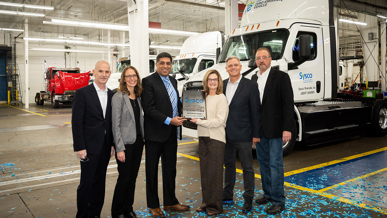 From left to right are Scott Kuebler, DTNA VP of on-highway sales; Mary Aufdemberg, DTNA&rsquo;s GM for product strategy and market development; Rakesh Aneja, DTNA VP and chief of eMobility; Marie Robinson, Sysco EVP and chief supply chain officer; Christopher Wyse, Sysco&rsquo;s VP of communications; and Rick Stewart, dealer principle for Houston Freightliner and WesternStar.