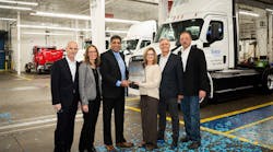 From left to right are Scott Kuebler, DTNA VP of on-highway sales; Mary Aufdemberg, DTNA&rsquo;s GM for product strategy and market development; Rakesh Aneja, DTNA VP and chief of eMobility; Marie Robinson, Sysco EVP and chief supply chain officer; Christopher Wyse, Sysco&rsquo;s VP of communications; and Rick Stewart, dealer principle for Houston Freightliner and WesternStar.
