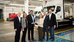 From left to right are Scott Kuebler, DTNA VP of on-highway sales; Mary Aufdemberg, DTNA’s GM for product strategy and market development; Rakesh Aneja, DTNA VP and chief of eMobility; Marie Robinson, Sysco EVP and chief supply chain officer; Christopher Wyse, Sysco’s VP of communications; and Rick Stewart, dealer principle for Houston Freightliner and WesternStar.