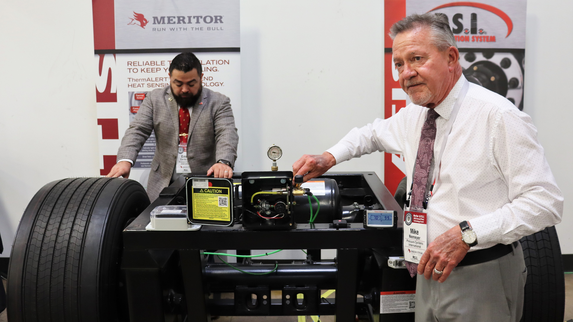 Mike Niemeyer, director of strategic accounts, explains how the Meritor Tire Inflation System works during a tour of P.S.I.&rsquo;s plant in San Antonio.