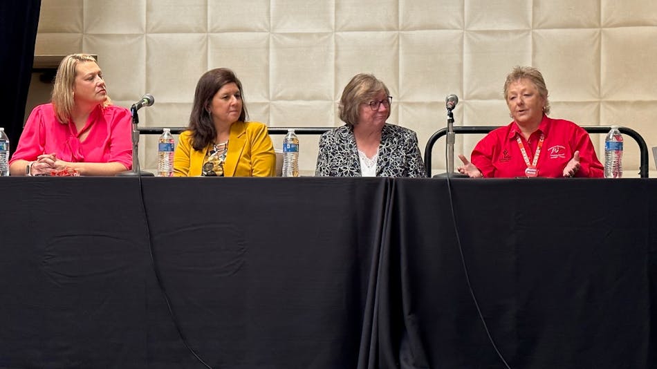(From left) Stephanie Chesney, partner and transportation defense attorney at MG+M Law Firm; Donna Fielding, director of safety, intermodal at J.B. Hunt; Jill Snyder, director of safety and compliance, Zonar; and Jeana Hysell, senior safety consultant, J.J. Keller &amp; Associates, offer safety tips for fleets during the 2022 Women In Trucking Accelerate Conference &amp; Expo in Dallas.