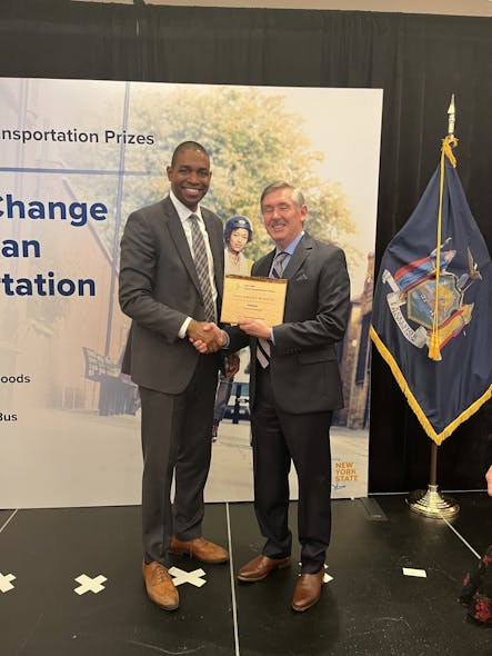 Keith Brandis, VP of system solutions and partnerships, Volvo Group North America, accepts the $10 million New York Clean Transportation Prizes award from Antonio Delgado, lieutenant governor of New York State at a showcase event in New York City on November 16, 2022. The Bronx is Breathing: Reimagining a Cleaner Hunts Point plan was one of three award winners in the program&rsquo;s Clean Neighborhoods Challenge, with the goal of spurring local economic development, creating new job opportunities, and reducing air pollution in underserved communities.