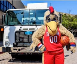 The Birmingham Squadron’s mascot, Commander, poses with an Autocar vocational truck. The Birmingham Squadron’s mascot, Commander, poses with an Autocar vocational truck.