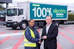Truck driver Robin Jooste, at left, receives the keys to the Shoprite Group’s first electric truck from CEO Pieter Engelbrecht. Jooste is excited to have been selected as the driver of this unique vehicle. “I hope to break the mold and encourage more women to consider a career in truck driving,” she says. Truck driver Robin Jooste, at left, receives the keys to the Shoprite Group’s first electric truck from CEO Pieter Engelbrecht. Jooste is excited to have been selected as the driver of this unique vehicle. “I hope to break the mold and encourage more women to consider a career in truck driving,” she says.