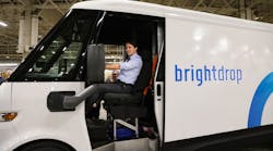 Canadian Prime Minister Justin Trudeau with a BrightDrop Zevo 600 built at the CAMI plant, Canada&rsquo;s first full-scale EV manufacturing plant, in Ingersoll, Ontario.