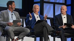 Rob Phillips, left, and Kent Jones, right, look on as Jeff Porter explains 'all arrows point to Mexico' as they discussed near-shoring during a Heavy Duty Aftermarket Dialogue panel. Rob Phillips, left, and Kent Jones, right, look on as Jeff Porter explains 'all arrows point to Mexico' as they discussed near-shoring during a Heavy Duty Aftermarket Dialogue panel.