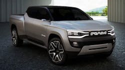 The front of Stellantis&apos; Ram 1500 Revolution battery-electric pickup truck concept. The manufacturer said the electric pickup will go into production in time for model year 2024.