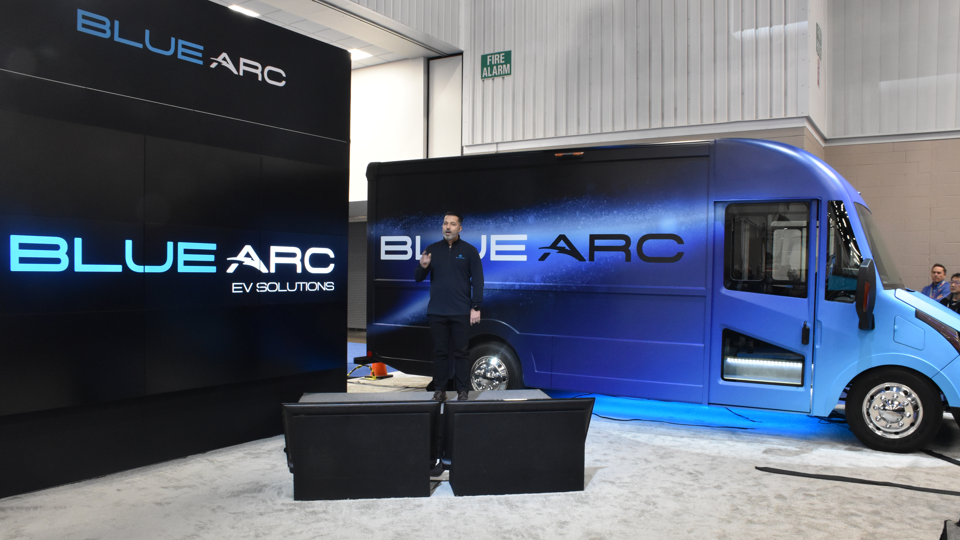Eric Fisher, VP and general manager of Blue Arc EV Solutions, introduces The Shyft Group&rsquo;s Blue Arc all-electric Class 3 delivery van at last year&rsquo;s Work Truck Show.