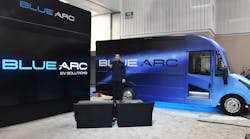 Eric Fisher, VP and general manager of Blue Arc EV Solutions, introduces The Shyft Group’s Blue Arc all-electric Class 3 delivery van at last year’s Work Truck Show. Eric Fisher, VP and general manager of Blue Arc EV Solutions, introduces The Shyft Group’s Blue Arc all-electric Class 3 delivery van at last year’s Work Truck Show.
