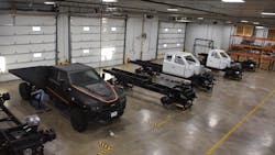 These early Zeus Z-19 Class 5 cab chassis demonstration units illustrate the various stages of assembly at the Zeus Electric Chassis Inc. shop. These early Zeus Z-19 Class 5 cab chassis demonstration units illustrate the various stages of assembly at the Zeus Electric Chassis Inc. shop.