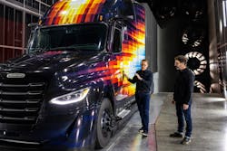 Darek Villaneuve, DTNA manager of advanced vehicle systems, and Jeff Cotner, DTNA chief designer, go over Freightliner's SuperTruck II. Darek Villaneuve, DTNA manager of advanced vehicle systems, and Jeff Cotner, DTNA chief designer, go over Freightliner's SuperTruck II.