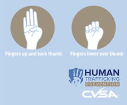 The universal hand gesture for someone to signal that they are a victim of human trafficking. The universal hand gesture for someone to signal that they are a victim of human trafficking.