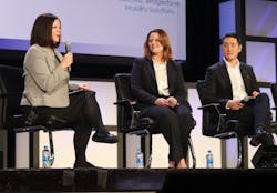 Moderator Emily Poladian, president of Bridgestone Mobility Solutions&mdash;Americas (left), asks Julie Alfermann, director of central region sales, Allison Transmission (center) a question as Jack Chung, VP of product management at Noregon Systems, listens.