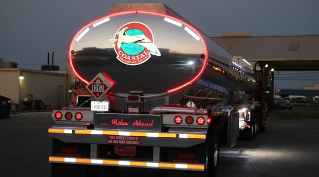 A Coast Transport tanker with Intellistop pulsating brake lamps. The company is in court against the U.S. Department of Transportation over a DOT-denied exemption application for its module.