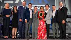 From left to right are Karin De Bondt, president of Thermo King Americas; Carrie-Ann Flank, vice president of sales at Thermo King Americas: Steve Bach, general manager of aftermarket products and bus at Thermo King Americas; Andres Diaz Correa, Alexandra Padilla, Alejandra Paredes, Felipe Mejia Londoño and Santiago Díaz Padilla, the owners of TK Service Group; and Mark Nyman, channel excellence leader for Thermo King Americas.