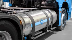 An early hydrogen fuel cell semi truck concept with H2 gas cylinder onboard. An early hydrogen fuel cell semi truck concept with H2 gas cylinder onboard.