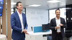 Harld Peters, Lineage Logistics president in Europe, at left, and Raúl Fores Valles, regional vice president of Southern Europe, deliver remarks at the opening of the company's new headquarters in Madrid.