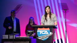 Karine Goyette, co-president of C.A.T., accepts the award for Best Fleet to Drive For, Large Carrier. Karine Goyette, co-president of C.A.T., accepts the award for Best Fleet to Drive For, Large Carrier.