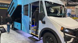 The new Blue Arc Class 5 delivery van with a unique &apos;landscaping&apos; load upfit on the show floor of Work Truck Week 2023 in Indianapolis.