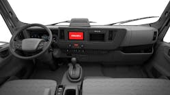 The interior of the new Isuzu N-Series electric Class 5 that features driver and outboard frontal passenger airbags, a new steering wheel position and angle, and a 7-inch color multi-information display, which will be standard equipment on every N-Series EV.