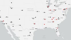 Buying U.S. Xpress, whose locations are noted here in red, will especially fill gaps in Knight-Swift&apos;s network in the Southeast.