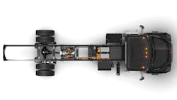 An overhead view of the chassis of the new Mack MD Electric for Classes 6-7. An overhead view of the chassis of the new Mack MD Electric for Classes 6-7.
