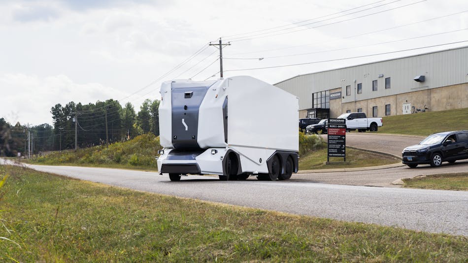 An autonomous, battery-electric Einride Pod transports GE Appliances materials in Selmer, Tennessee.