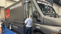 Workhorse unveiled for a 'first look' its Classes 5-6 W56 all-electric delivery and work van, which has a range of up to 150 miles and a 1,000-cubic-foot cargo box, CEO Rick Dauch said. Workhorse unveiled for a 'first look' its Classes 5-6 W56 all-electric delivery and work van, which has a range of up to 150 miles and a 1,000-cubic-foot cargo box, CEO Rick Dauch said.