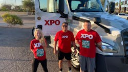 XPO employees (left to right) Assistant Service Center Manager Tamar Jimenez, Freight Operations Supervisor Tony Ramirez, and Assistant Senior Service Center Manager Brandon Warpness competed in the run. Jimenez is a Navy veteran who organized XPO&apos;s participation, Ramirez is joining the National Guard, and Warpness is a Marine veteran.