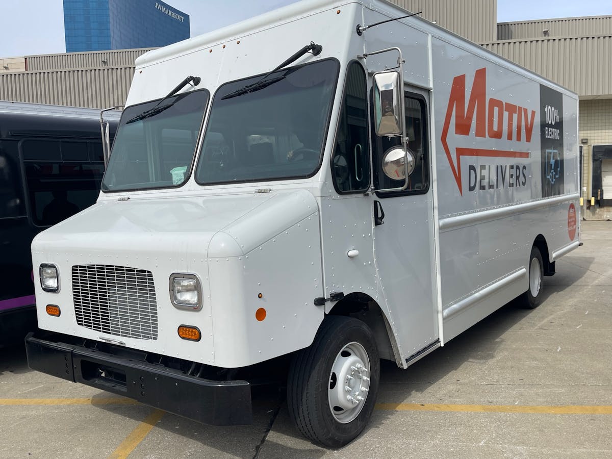 A Motiv all-electric step van that was available to ride or drive at Work Truck Week 2023 in early March in Indianapolis. Motiv Power Systems delivers medium-duty 2- to 6-ton-payload commercial battery-electric trucks and buses, along with charging infrastructure and guidance for deploying commercial fleets.