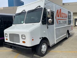 A Motiv all-electric step van that was available to ride or drive at Work Truck Week 2023 in early March in Indianapolis. Motiv Power Systems delivers medium-duty 2- to 6-ton-payload commercial battery-electric trucks and buses, along with charging infrastructure and guidance for deploying commercial fleets.
