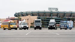 Daimler Truck North America's family of battery-electric offerings (from left) are the Thomas Built electric school bus, the vocational eM2 utility vehicle, the all-new eM2 medium-duty on-highway truck, a Class 8 Freightliner eCascadia, and the MT50 electric van. Daimler Truck North America's family of battery-electric offerings (from left) are the Thomas Built electric school bus, the vocational eM2 utility vehicle, the all-new eM2 medium-duty on-highway truck, a Class 8 Freightliner eCascadia, and the MT50 electric van.