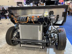 Many technicians are just getting their hands dirty working on electric vehicles that are coming to market like this one, the chassis of a new Blue Arc delivery van, as seen last year at Work Truck Week in Indianapolis.
