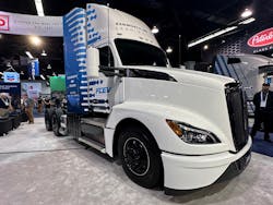 Kenworth's T680 hydrogen fuel cell electric vehicle, powered by Toyota fuel cell technology, on display at ACT Expo 2023. Kenworth's T680 hydrogen fuel cell electric vehicle, powered by Toyota fuel cell technology, on display at ACT Expo 2023.