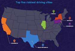 Cities with the highest incidence of risk events, according to Lytx data.