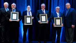 NPTC Chair Chuck Amen, manager of transportation operations for Hillyard, left, and award sponsor Bob Mann, VP and assistant GM for vocational business at International Truck/Navistar, far right, congratulate the 2023 Driver Hall of Fame inductees (from right), William Steele, Unifi Manufacturing; Ronald Mahar, Walgreen Oshkosh, assigned by CPC Logistics; Chris Nelson, Baxter Healthcare Corp; and Claude 'Ricky' Cook, Shaw Industries Group. NPTC Chair Chuck Amen, manager of transportation operations for Hillyard, left, and award sponsor Bob Mann, VP and assistant GM for vocational business at International Truck/Navistar, far right, congratulate the 2023 Driver Hall of Fame inductees (from right), William Steele, Unifi Manufacturing; Ronald Mahar, Walgreen Oshkosh, assigned by CPC Logistics; Chris Nelson, Baxter Healthcare Corp; and Claude 'Ricky' Cook, Shaw Industries Group.