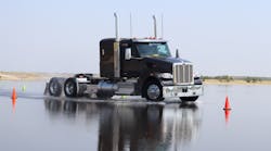 Guests drove this Peterbilt 567 sleeper truck around Continental&apos;s VDA wet pad to experience the HDL3 LTL-R retreaded tire&apos;s impressive traction on slick turns and hard stops.