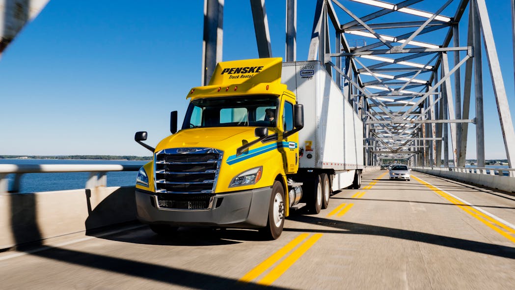 A Penske truck in operation. Jim Lager of Penske Truck Leasing said: &apos;We still are seeing historically long delays in getting new units, but capacity has loosened up somewhat. We see better availability and delivery timing today than we did in 2022.&apos;
