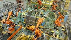 Freightliner Cascadia robotic cab assembly. Freightliner Cascadia robotic cab assembly.